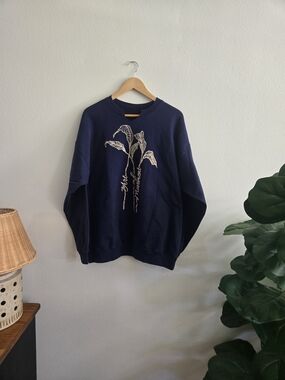 Navy Crewneck with Botanical Embroidery Art Of Movement Dance Convention